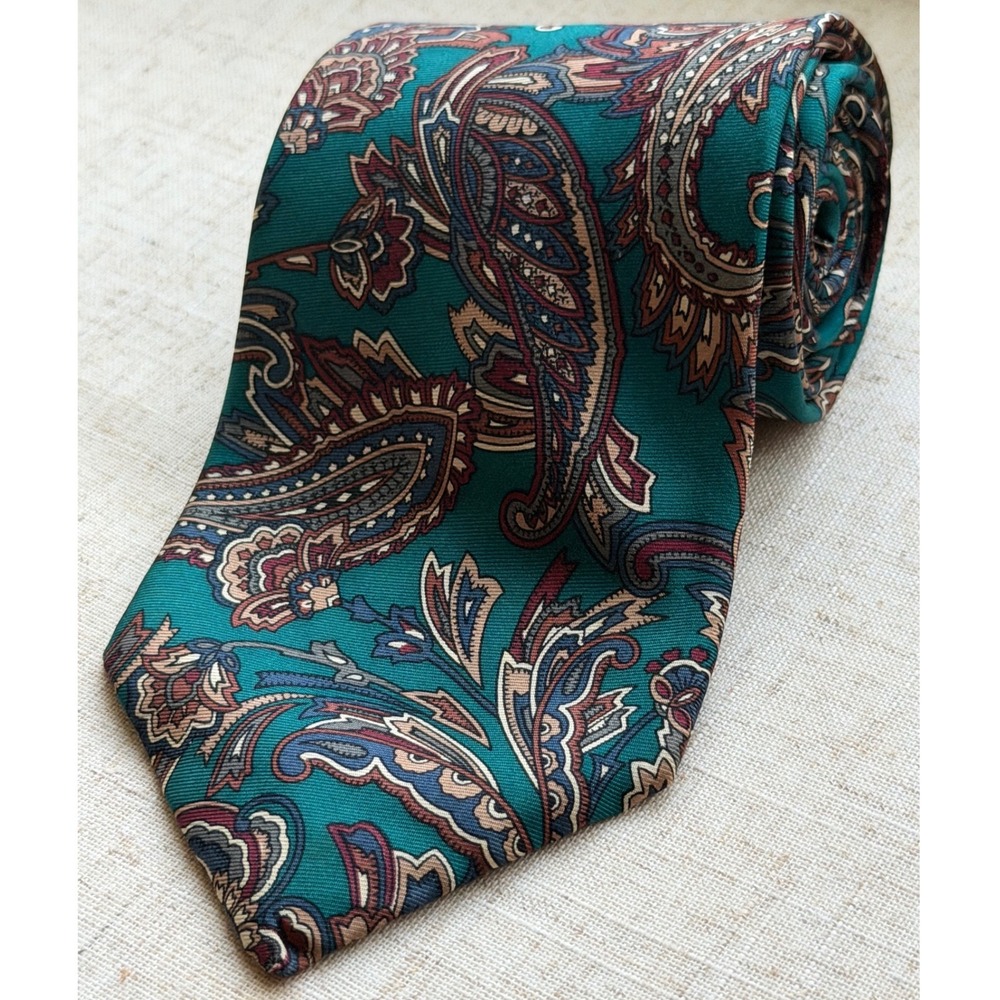 Vintage Pierre Balmain Paris Silk Tie Teal Green Paisley Italian Silk 0357